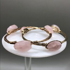 Bundle 2 wire stone bangle bracelets pink quartz boho layering stack artisan.